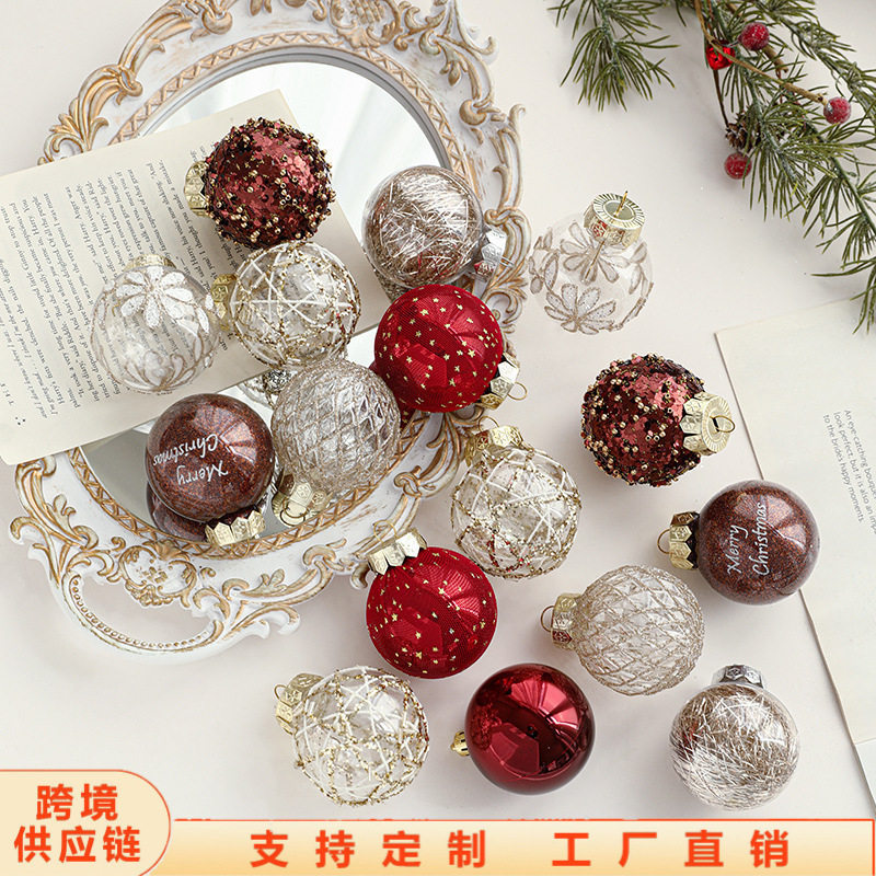 文达跨境新款新品5塑料圣诞球25个桶装粘粉电镀球圣诞树挂件装饰