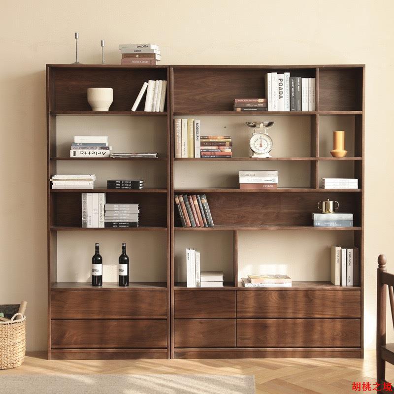 北欧全实木黑胡桃木日式书柜现代简约书架落地收纳柜展示柜置物架