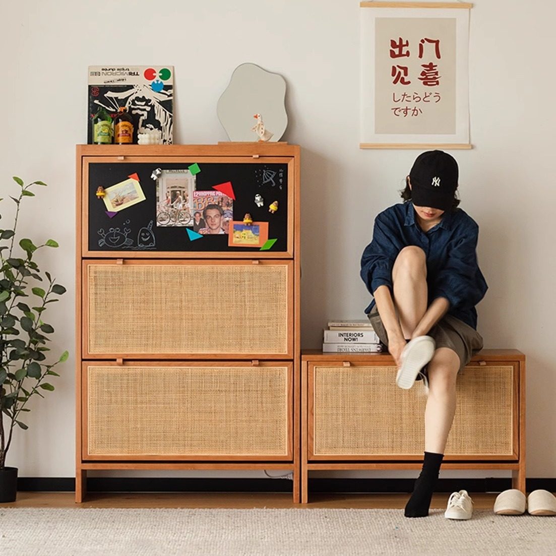 北欧实木藤编组合收纳鞋柜复古入门玄关柜多层大容量省空间鞋架凳