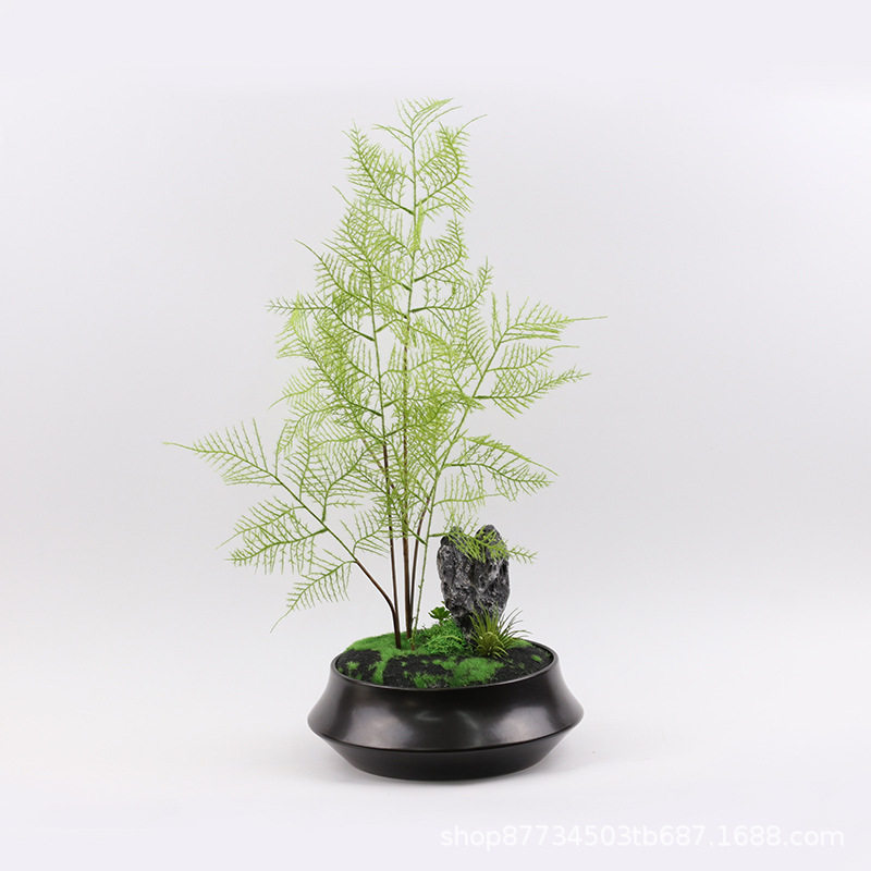 创意仿真文竹新中式盆景摆件售楼处样板间软装饰品酒店前台工艺品