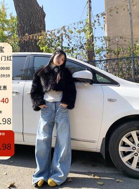 label方 浅蓝色牛仔裤女秋冬季新款高腰宽松做旧百搭阔腿直筒长裤