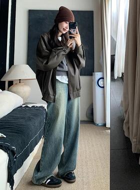 COTO复古水洗做旧牛仔裤2024早春新款高腰阔腿宽松直筒拖地长裤女