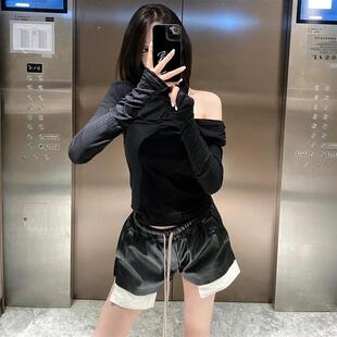 暗黑先锋RO风主线黑色女装皮短裤外穿软皮口袋外露松紧腰抽绳短裤