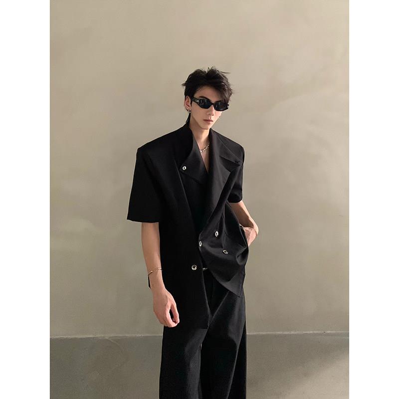 LINYILUCK/夏季小众轻奢高级感不规则设计垫肩衬衫男痞帅西装外套
