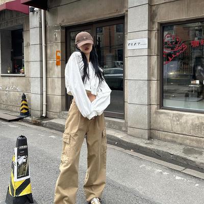 Tristine2023新款宽松阔腿做旧工装裤美式复古水洗阔腿牛仔裤女