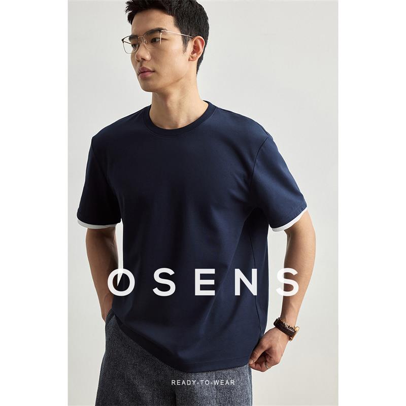 OSENS男装 凉感吸湿速干索罗娜纤维圆领撞色假两件男士短袖T恤夏