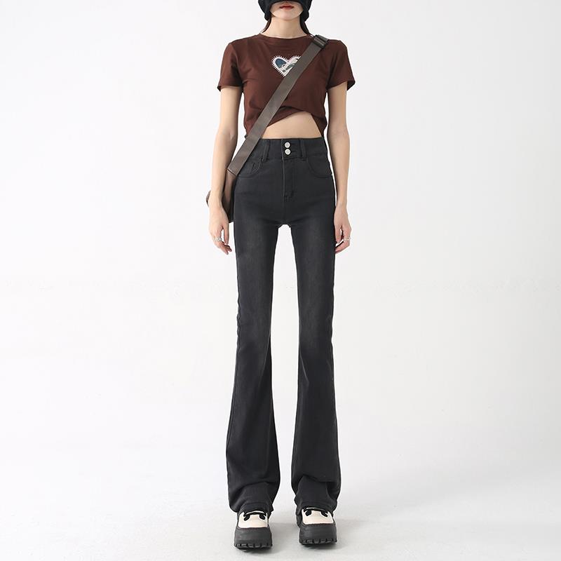 哲娜纯黑灰高腰微喇叭牛仔裤女显瘦2024年春秋新款弹力马蹄拖地裤