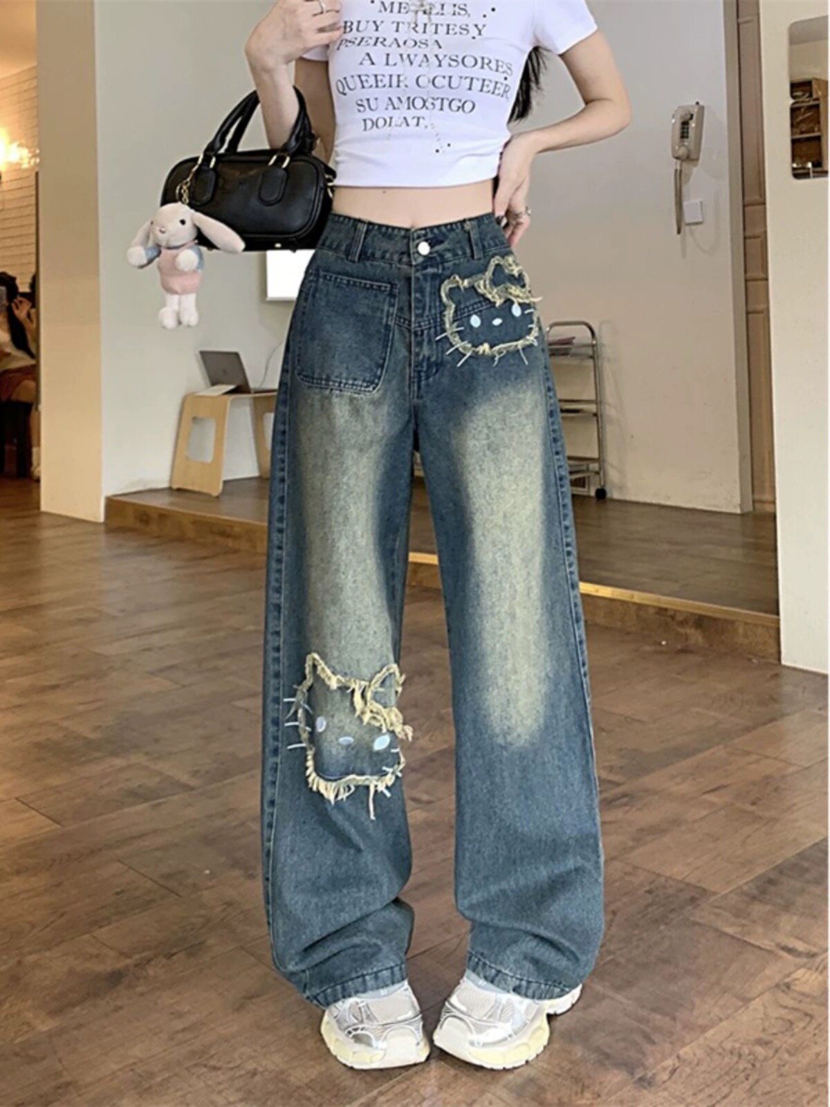 美式高街复古kitty猫刺绣贴布阔腿牛仔裤女夏季新款国潮直筒长裤