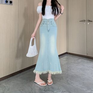 复古中长款鱼尾牛仔半身裙女夏季设计感高腰显瘦a字毛边包臀裙子