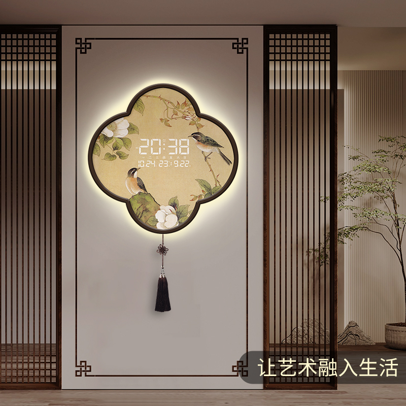 新中式客厅钟表电子时钟万年历2025年新款玄关装饰画挂画复古挂钟图片