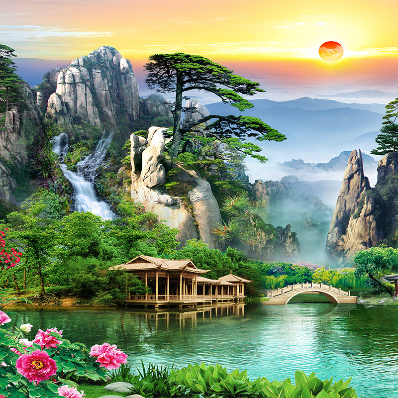 新品仙家堂口山水画堂单风景画东北暗堂J无活物亭子沙发背景墙贴