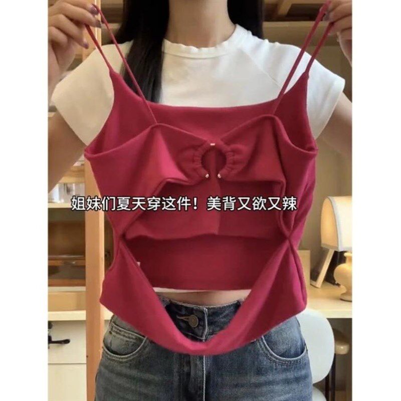 新品辣妹海边吊j带背心女内搭夏打底纯欲设计感小众外穿带胸垫美