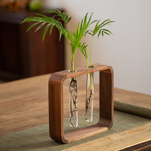 极速黑胡桃实木花器创意玻璃试管花瓶桌面简约小摆T件日式水培植