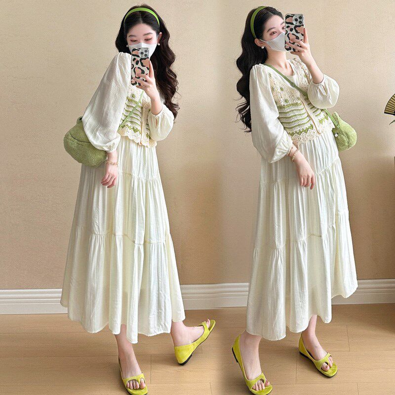 新品孕妇春装连衣裙气质减龄孕妇装D春秋洋气显瘦淑女裙子圆领韩