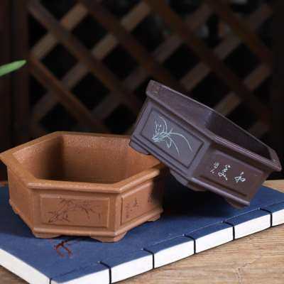 极速奎面平口矮六方 v暖暖精品紫砂花盆苏兵款手工刻绘盆景绿