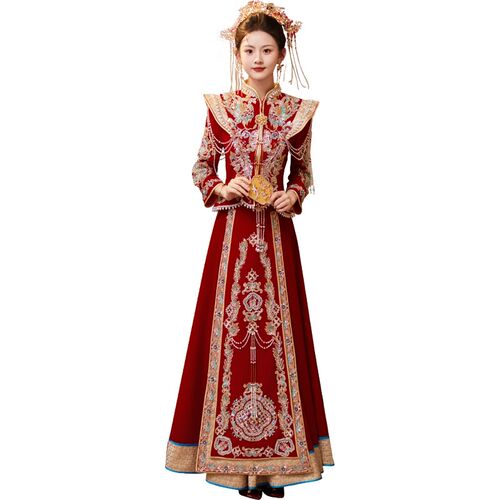 新品重工丝绒f秀禾服新娘2024新款结婚中式婚服高端出嫁出阁服嫁