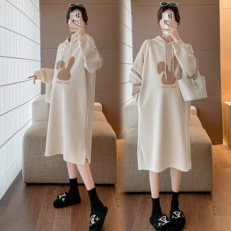 新品孕妇春装连衣裙中长款2025孕妇装春秋新款裙子U宽松大码连帽