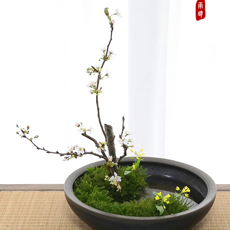 极速剑山陶瓷f花盘新中式禅意花器日式磨砂接水盘小原流插花器皿