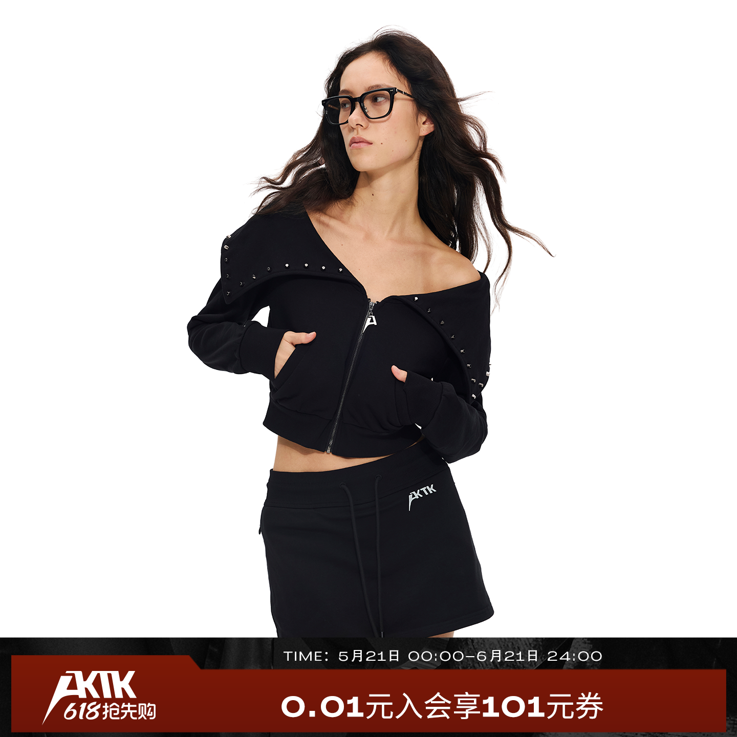 AKTK 【张碧晨同款】铆钉露肩翻领黑色外套外套女小个子高级感