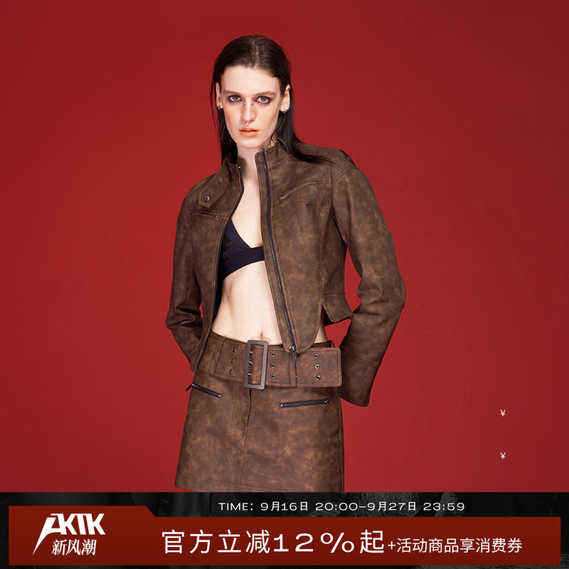 AKTK半裙秋冬新品设计感美拉德复古做旧金属扣腰带机车短裙女图片