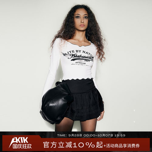 AKTK LOGO印花长袖字母印花圆领修身型T恤上衣2026秋季新款