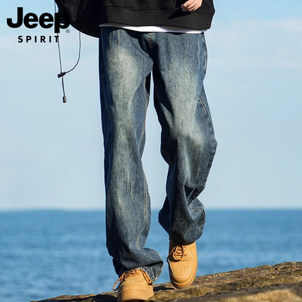 JEEP SPIRIT微喇牛仔裤宽松直筒美式男生裤子潮牌痞帅炸街阔腿裤