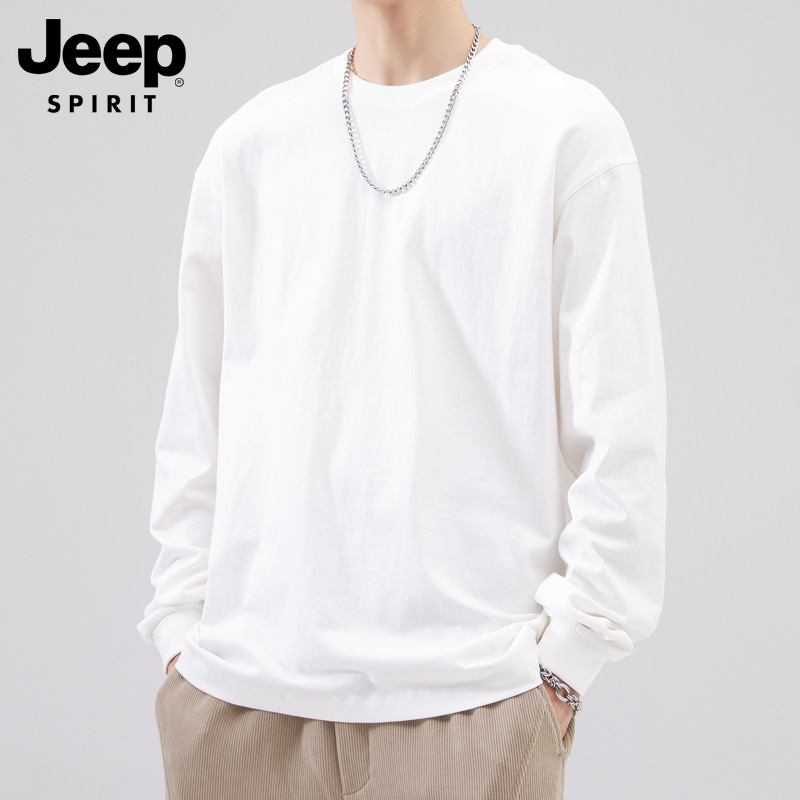 吉普长袖T恤宽松圆领白色卫衣