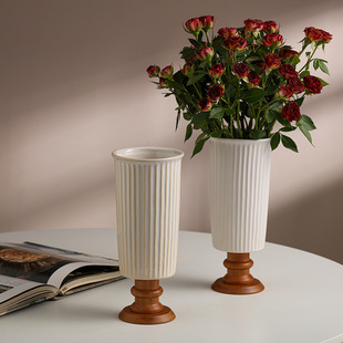 复古风实木高脚可蓄水陶瓷花瓶搭配仿真假花作客厅餐桌插花花艺装