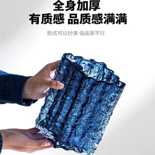 网红菱口冰川玻璃花瓶海蓝色水养插花客厅家居装饰摆件轻奢高级感