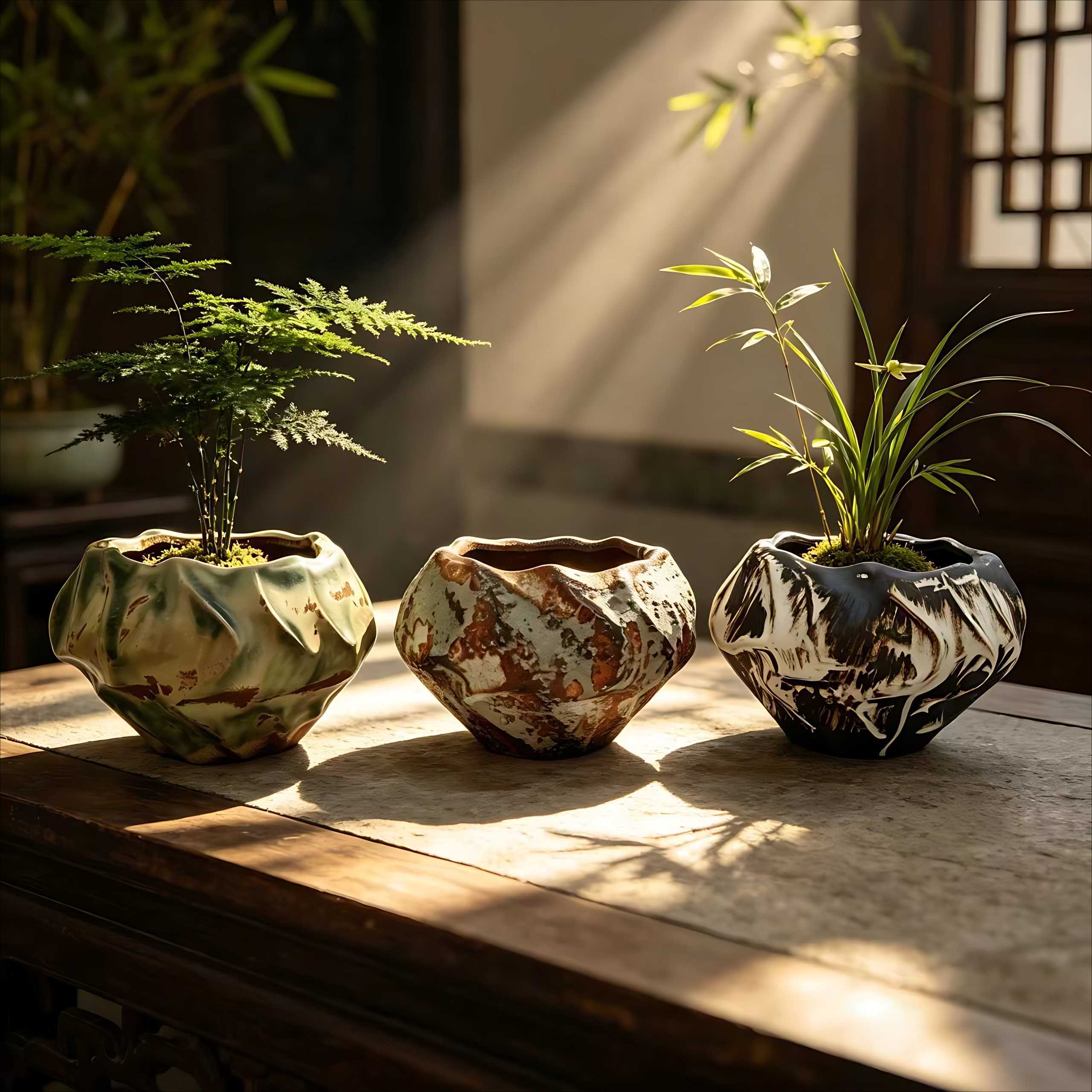 复古阳台做旧陶瓷花盆插花
