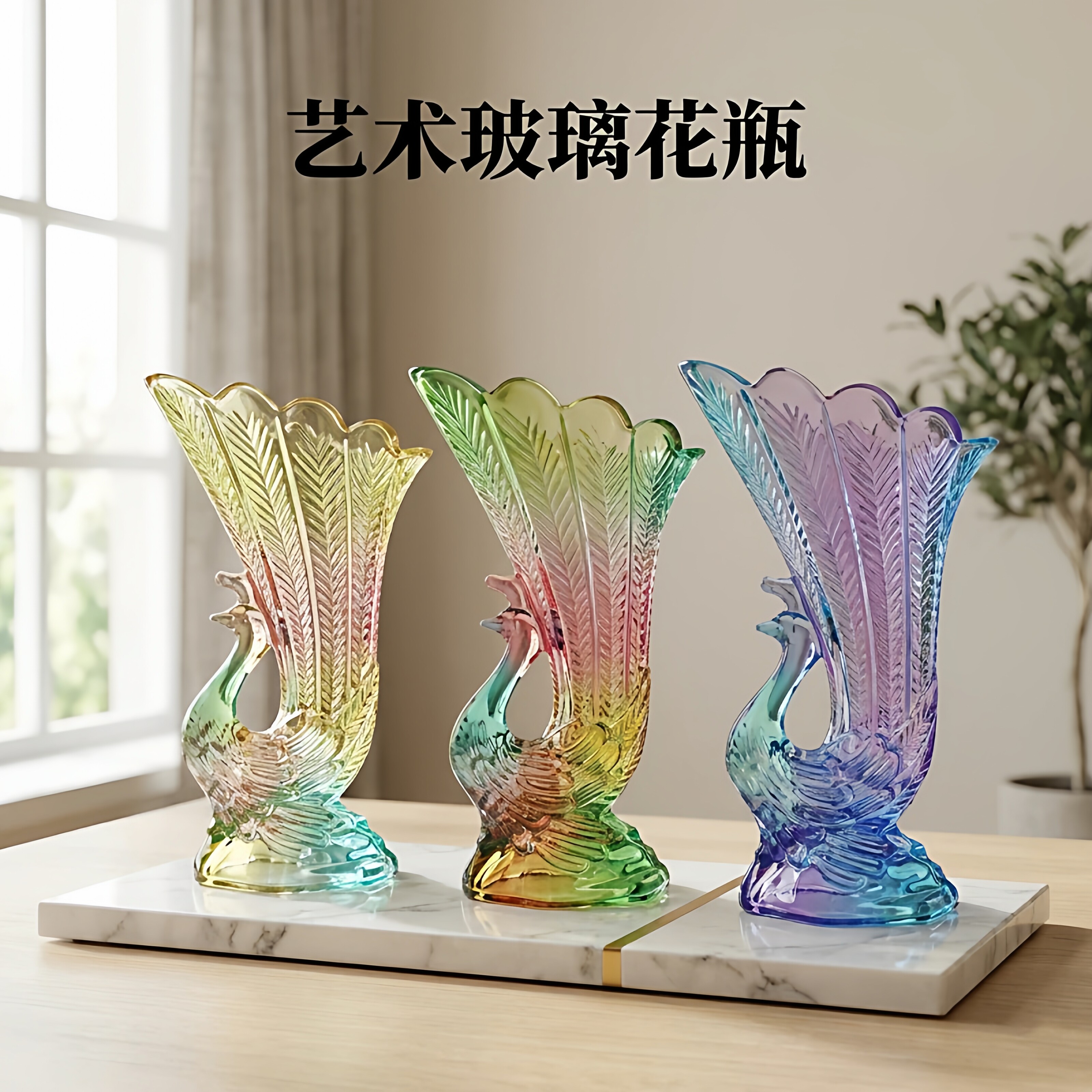 新款欧式艺术感孔雀玻璃花瓶水培水养玄关桌摆创意家具花瓶摆件