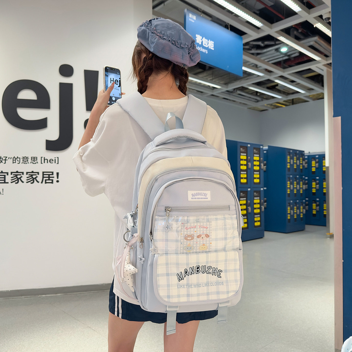 韩系ins风海盐浅蓝格子双肩包高颜值校园风初高中女生多隔层书包