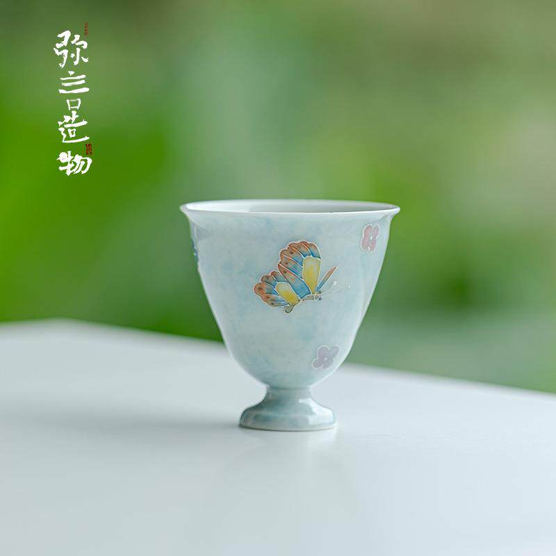 弥言有田烧手绘蝴蝶主人手工陶瓷高足大号茶杯家用品茗杯个人专用