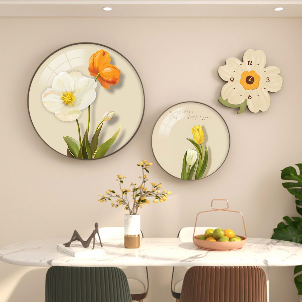 餐厅装饰画北欧小清新组合挂画创意花朵挂钟饭厅背景墙面圆形壁画图片