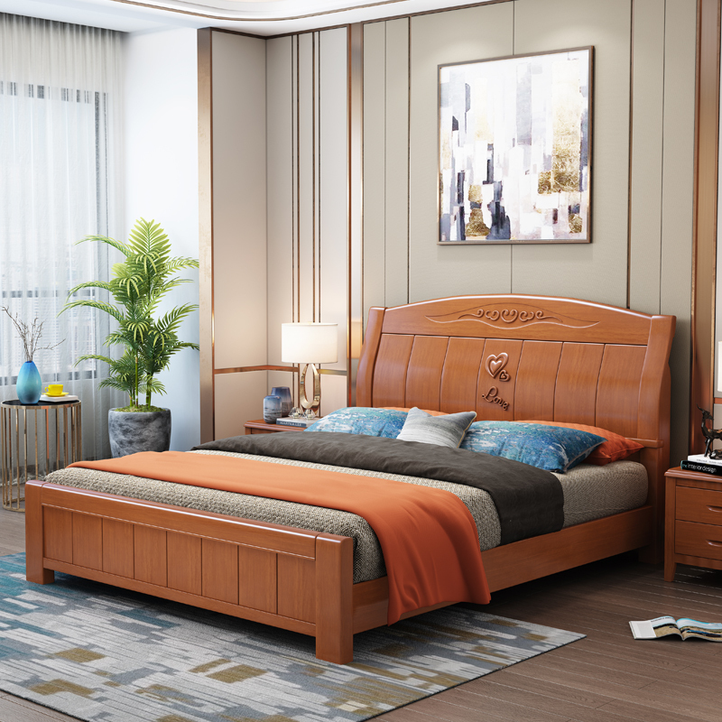 中式橡木实木床1.8米双人床家用木头床1.5m带抽屉储物床工厂直销