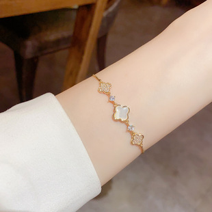 轻奢高级感网红爆款 手环 微镶贝母四叶花手链抽拉式 甜美气质时尚