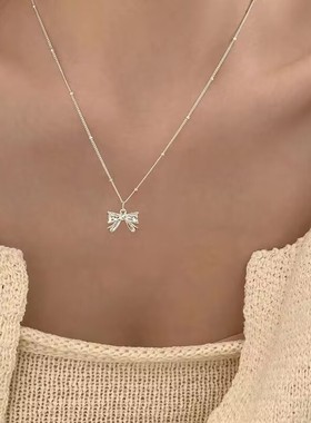 银色轻奢精致小众设计感蝴蝶结吊坠时尚简约项链女网红锁骨链