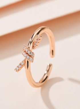 独特小众绳结戒指女蝴蝶结指环925银镶钻开口戒精致时尚