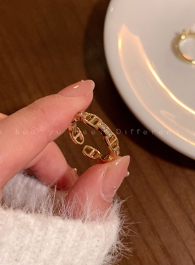 轻奢高级感双排珍珠锆石开口戒指时尚可调节小众设计简约个性