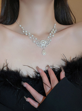 法式水滴珍珠项链女2025新款复古公主宫廷风锁骨链晚礼服镶钻颈链