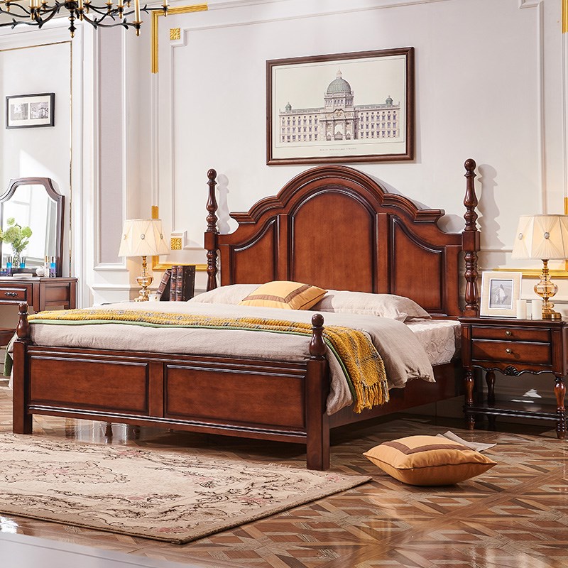 速发美式乡村全实木床简约18米双人床柱主卧 高箱储物床婚床欧式