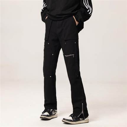 057studio 高街vibe风裤子设计微喇叭伐木工装机能拉链牛仔裤男女
