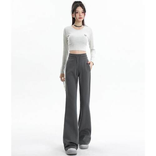 ZSFA中高腰微辣休闲裤女抽绳灰色显瘦百搭运动风斩男御姐喇叭卫裤