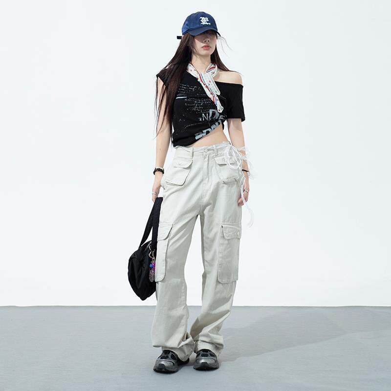 RTRX沙白色工装裤女2024新款美式复古时尚多口袋休闲直筒牛仔裤