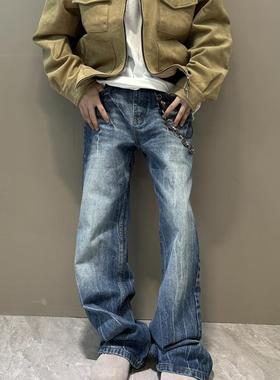 SETSAIL水洗冰蓝闪电纹宽松版型破坏牛仔长裤美式高街cleanfit裤