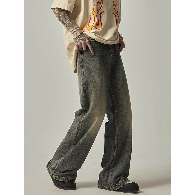 ISIETS 复古脚口破坏A型美式牛仔裤子男ins潮牌直筒宽松阔腿长裤