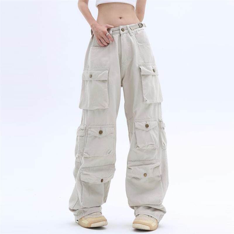 AJem美式高街多口袋水洗宽松工装裤潮牌阔腿拖地裤男女设计感长裤