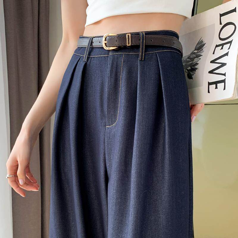 深蓝色松紧腰天丝牛仔裤女薄款2025春夏新款小个子直筒微喇阔腿裤