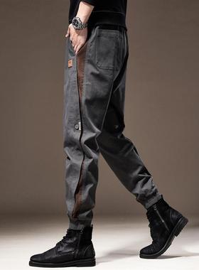 美式高端灰色工装裤子男秋季潮牌加绒宽松大码束脚撞色男士休闲裤