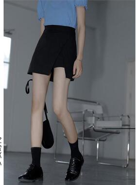 黑色半身裙女春秋不规则短裙小众设计感开叉裤裙高腰显瘦a字裙子
